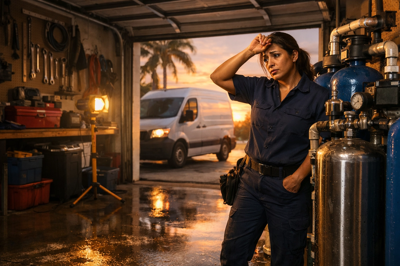 Florida trade professional working in a garage, representing the high-pressure environment where missed calls mean lost revenue.
