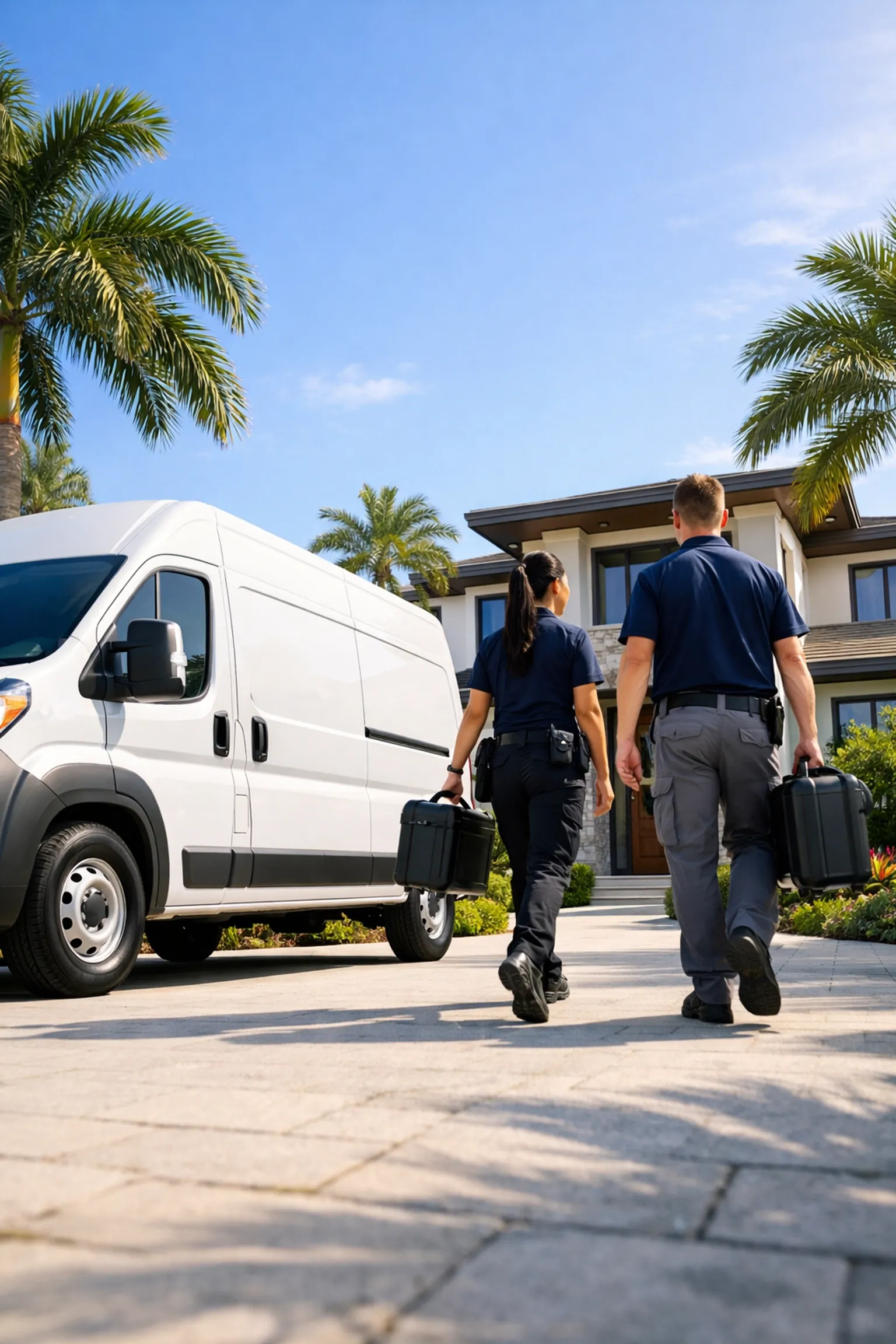 Professional service van parked at a Florida home, showcasing efficient lead capture and dispatch automation.