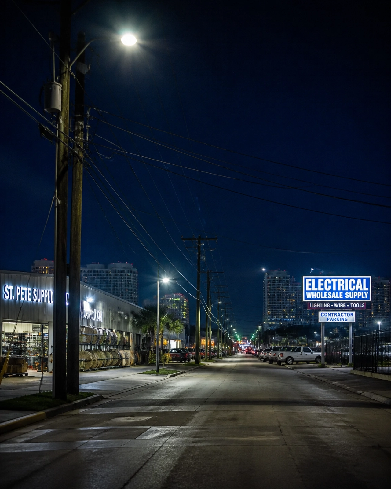 Night view of St. Petersburg Florida commercial district infrastructure