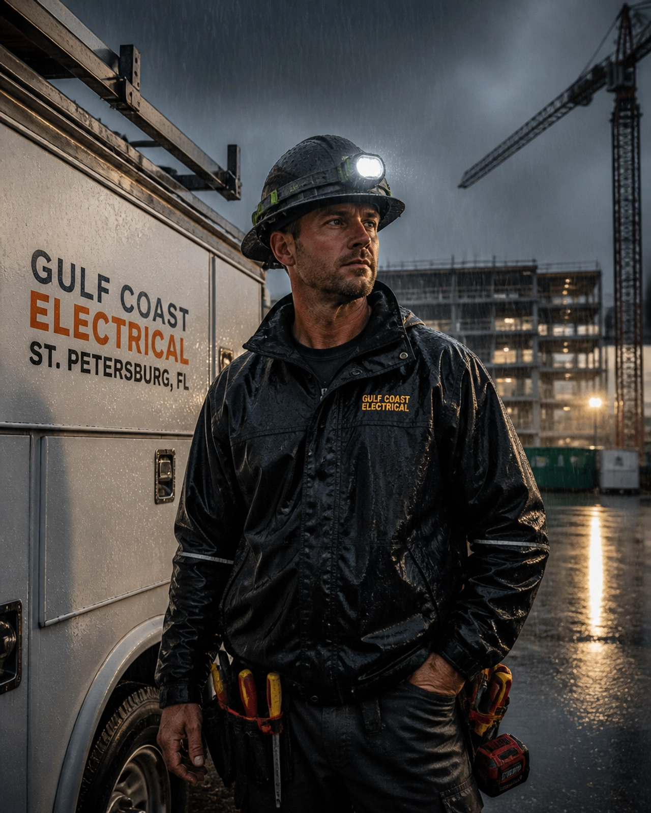 Florida electrician responding to an emergency call during a storm