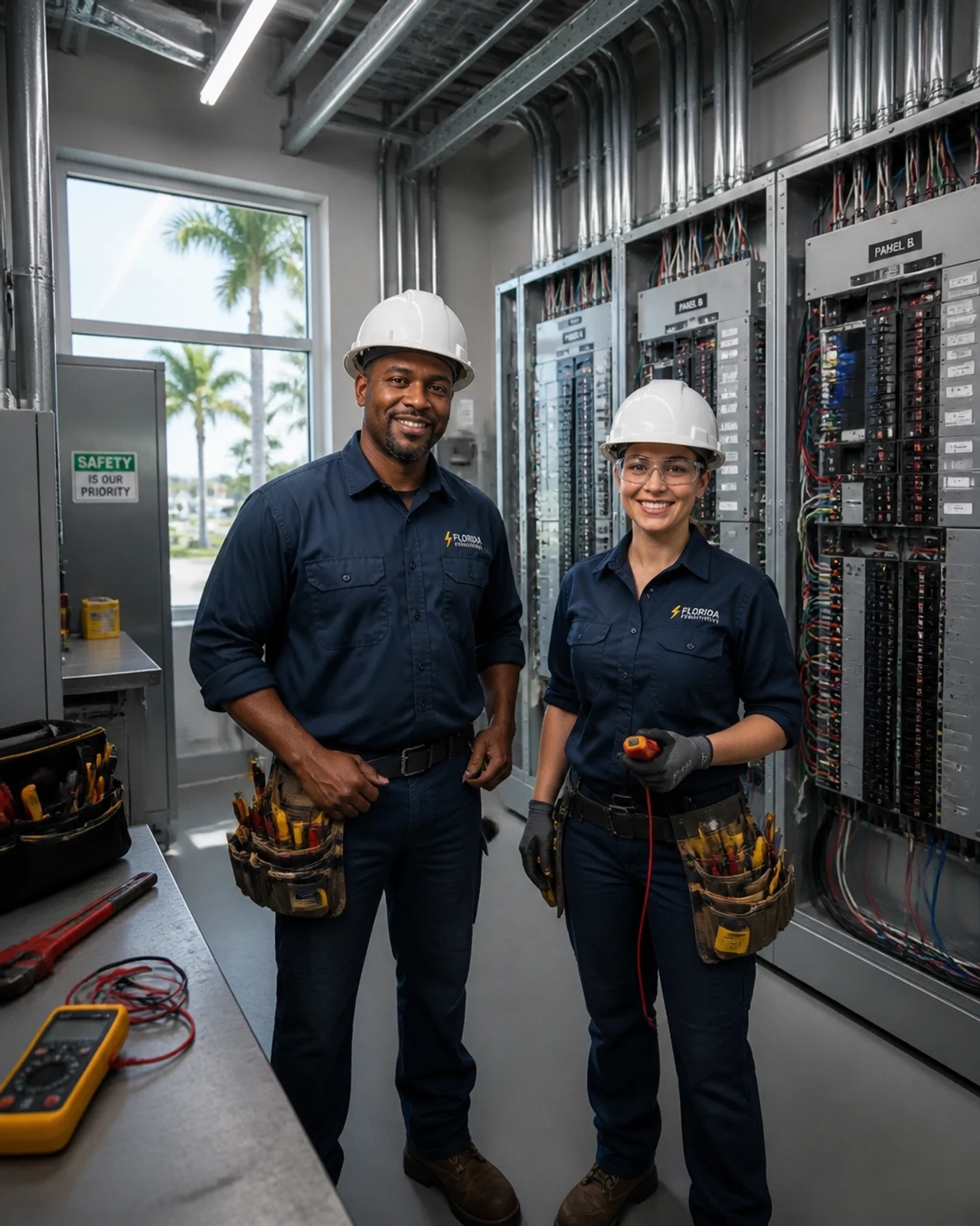 Organized electrical utility room in a modern Florida office building