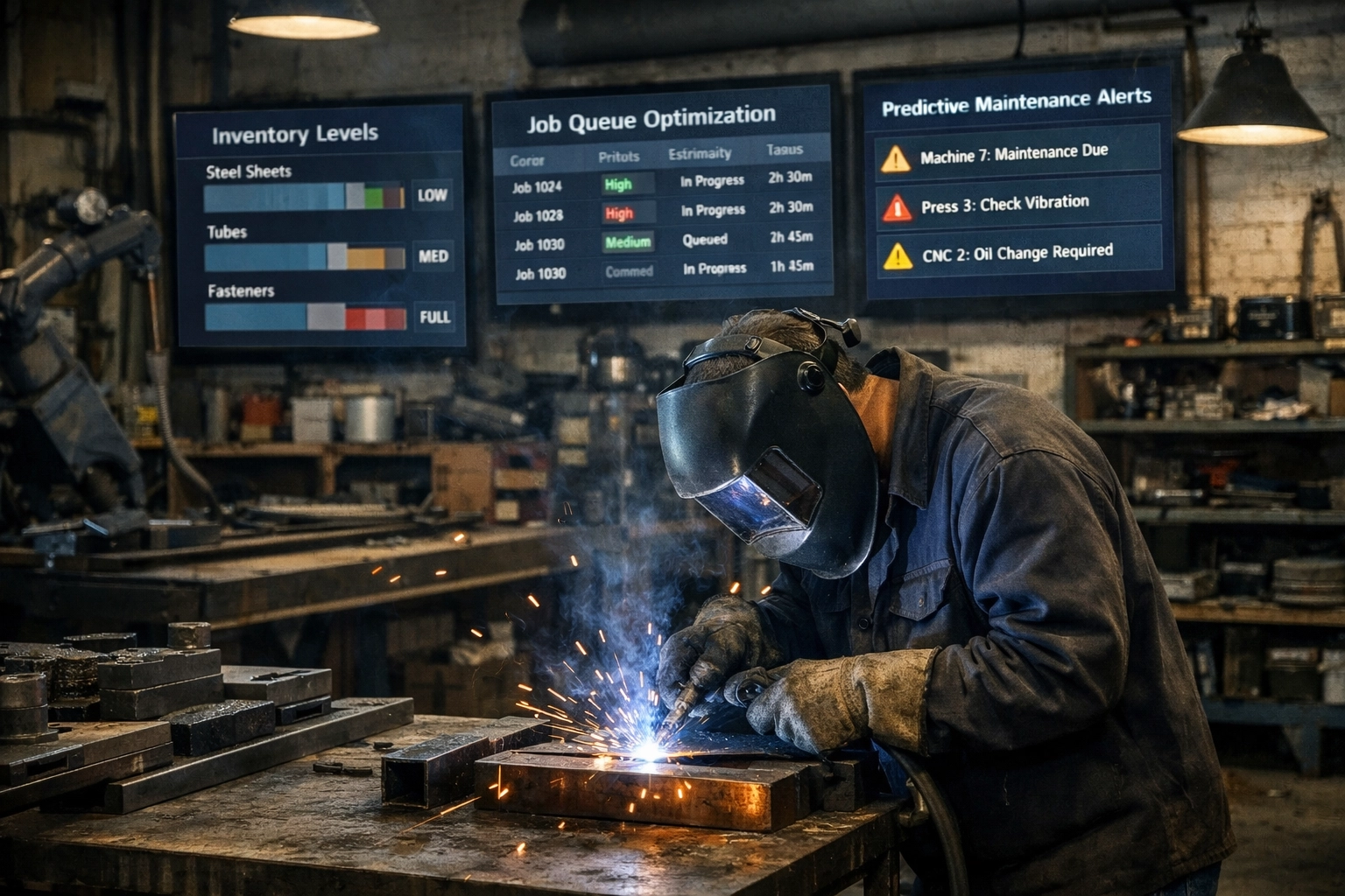 Welder in manufacturing shop with AI-powered inventory and maintenance alerts on displays