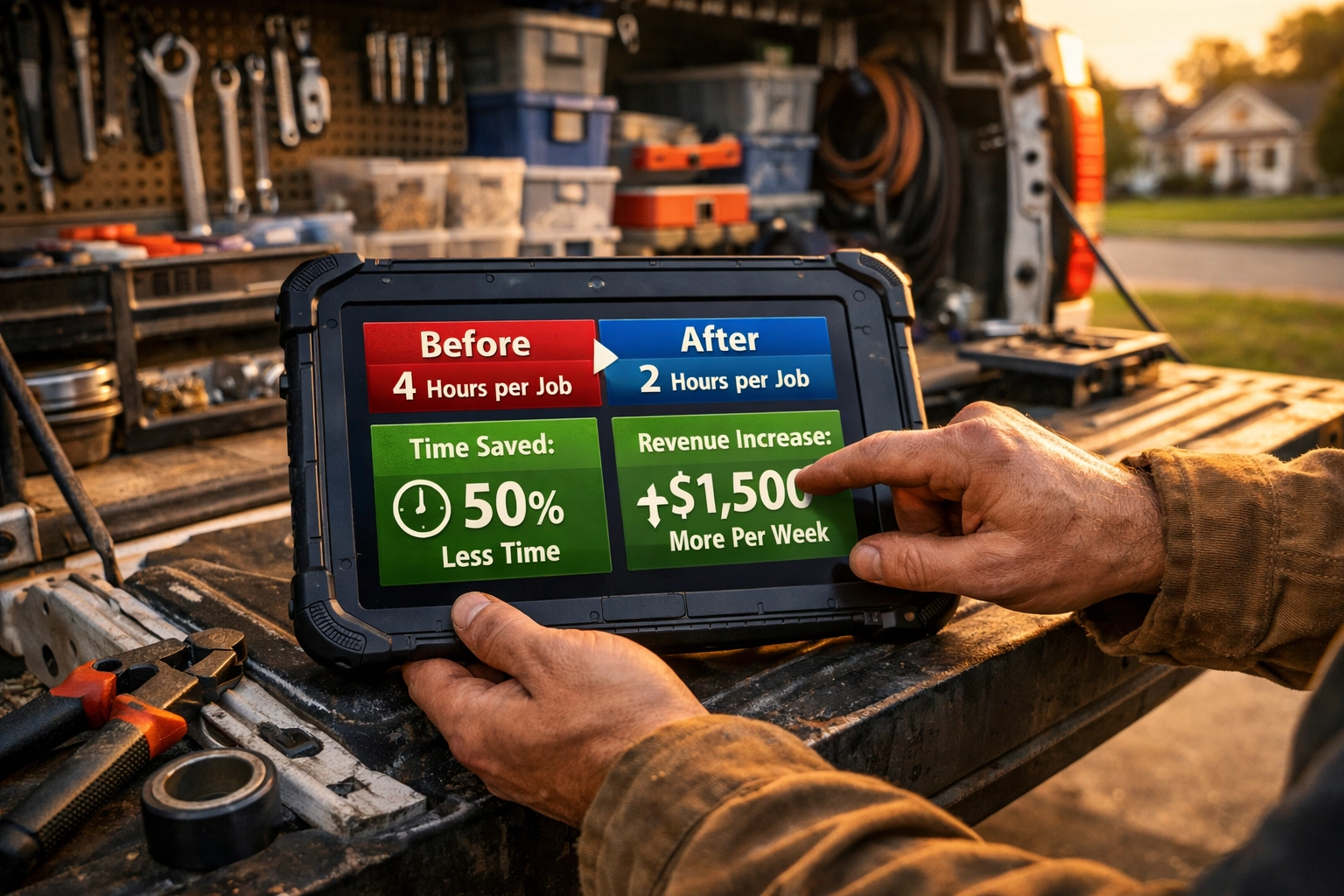 Tradesperson reviewing AI-driven job metrics and time savings on tablet in service truck