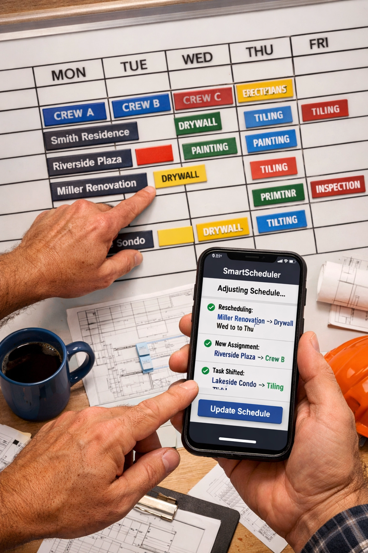 Contractor using AI-powered scheduling app alongside traditional whiteboard job board