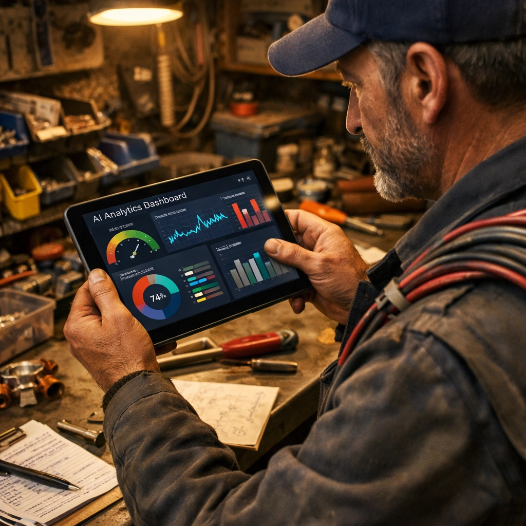 Tradesperson using AI analytics on tablet in cluttered workshop with tools and work orders