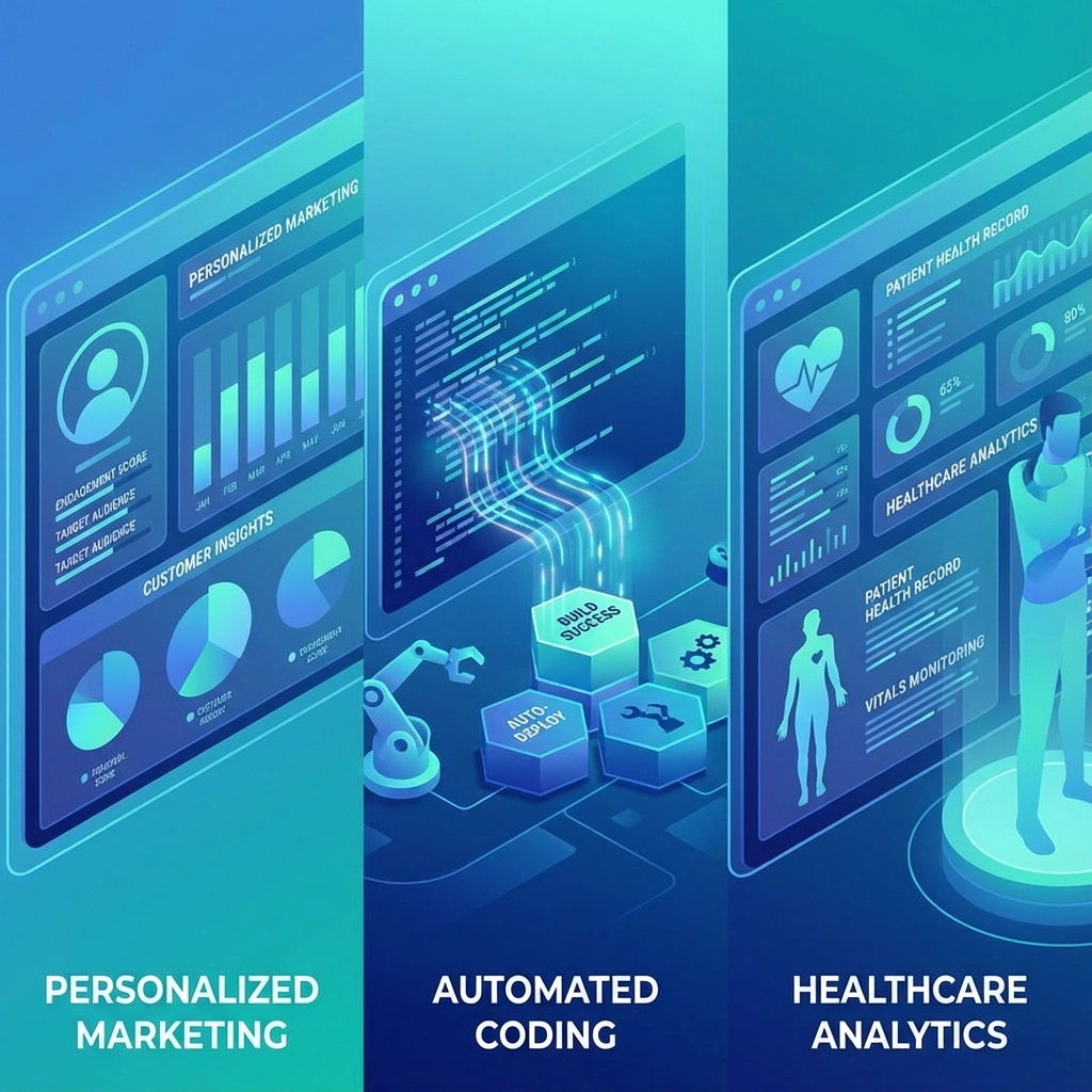 Visual breakdown of top agentic AI applications across marketing, coding, and healthcare sectors