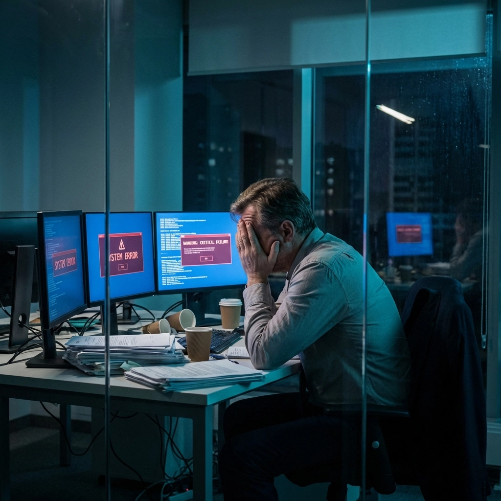 Business owner frustrated with broken automation systems requiring constant manual intervention