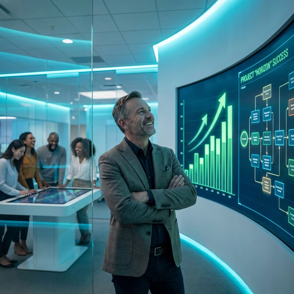 Business team celebrating improved performance metrics and reduced stress from AI automation