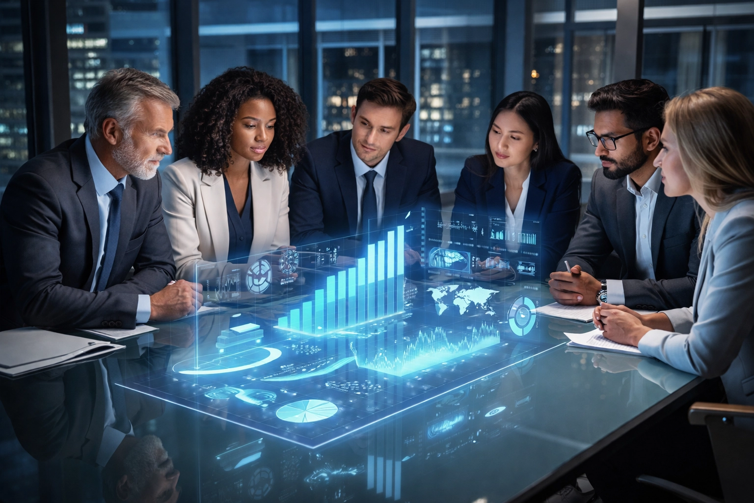 Executive team collaborates on AI automation strategies, reviewing business KPIs in a modern office setting