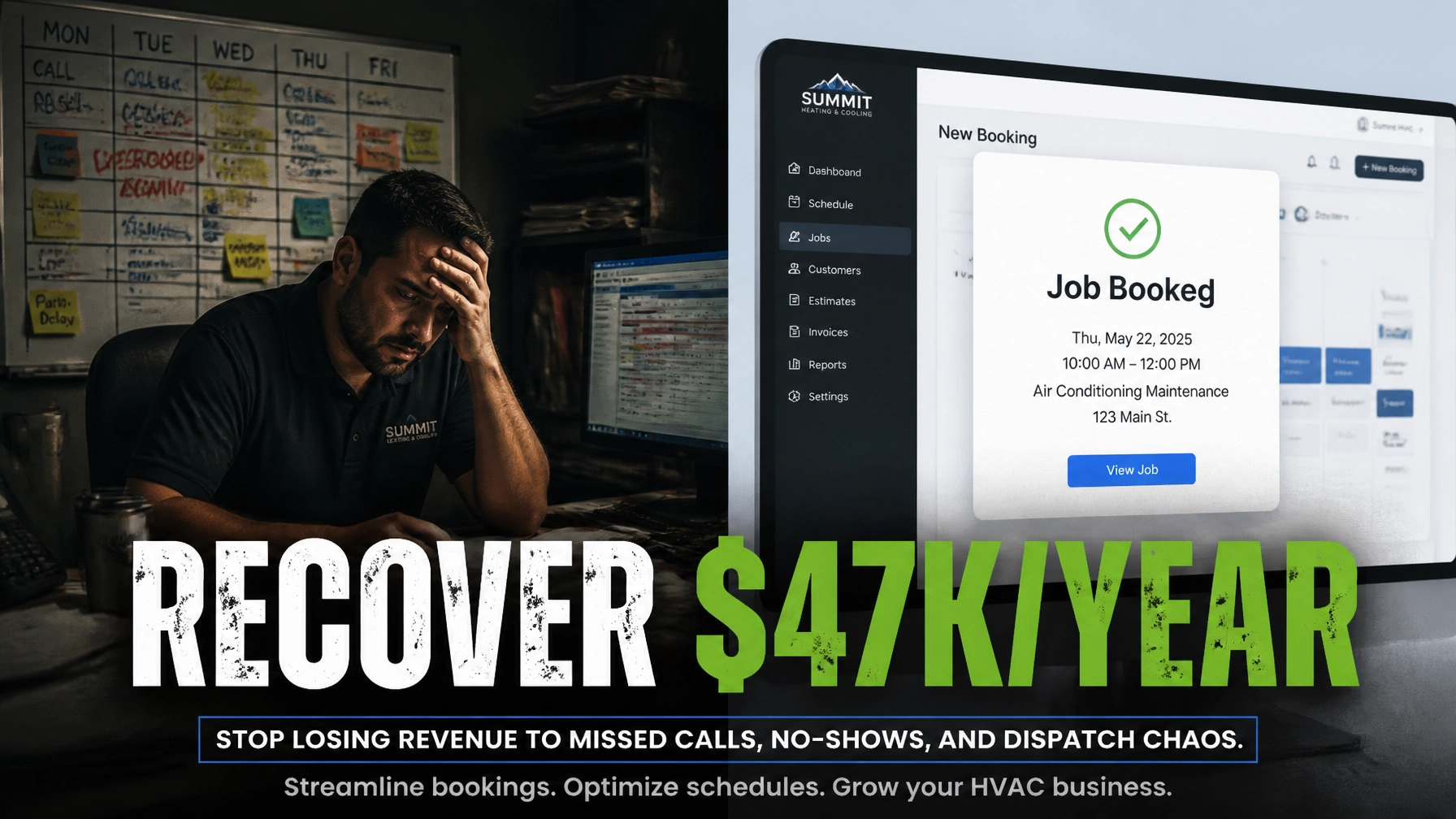 Split screen comparing stressed office manager with overflowing sticky notes vs clean AI Job Booked interface — Recover $47K/year