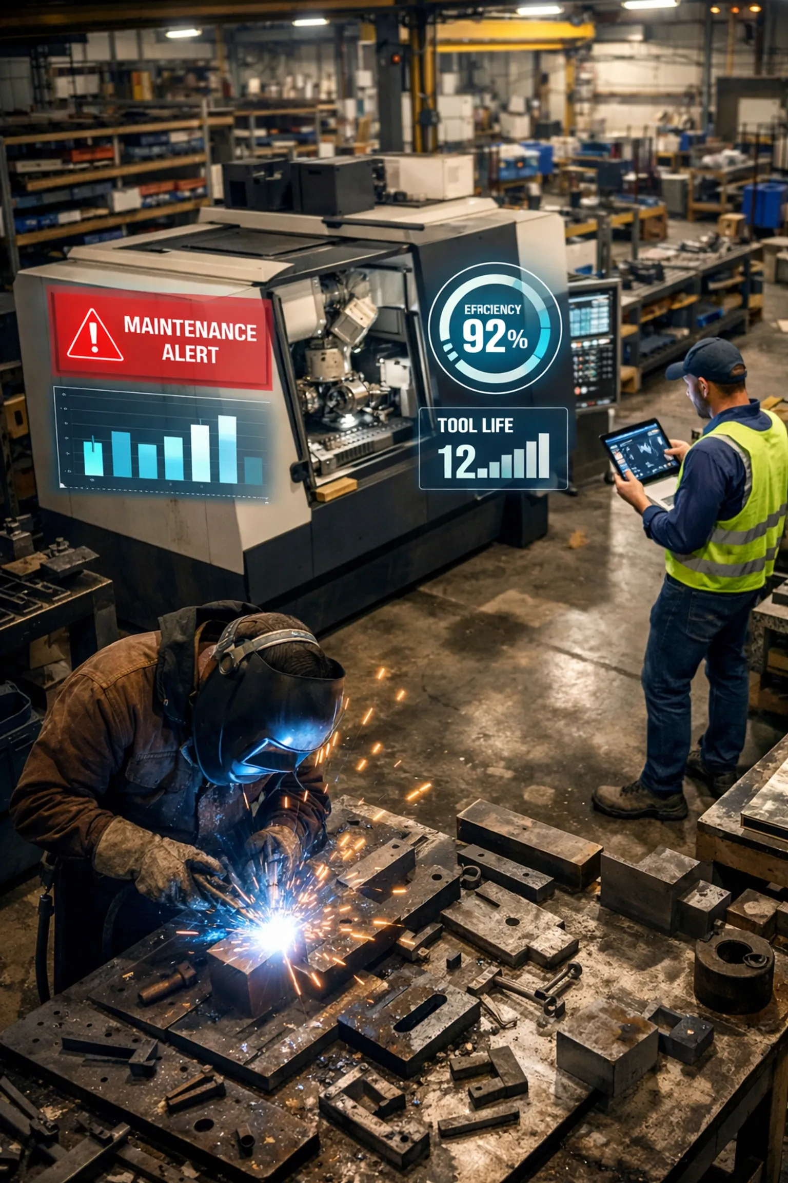 Manufacturing floor with welder and AI-powered predictive maintenance dashboards in job shop