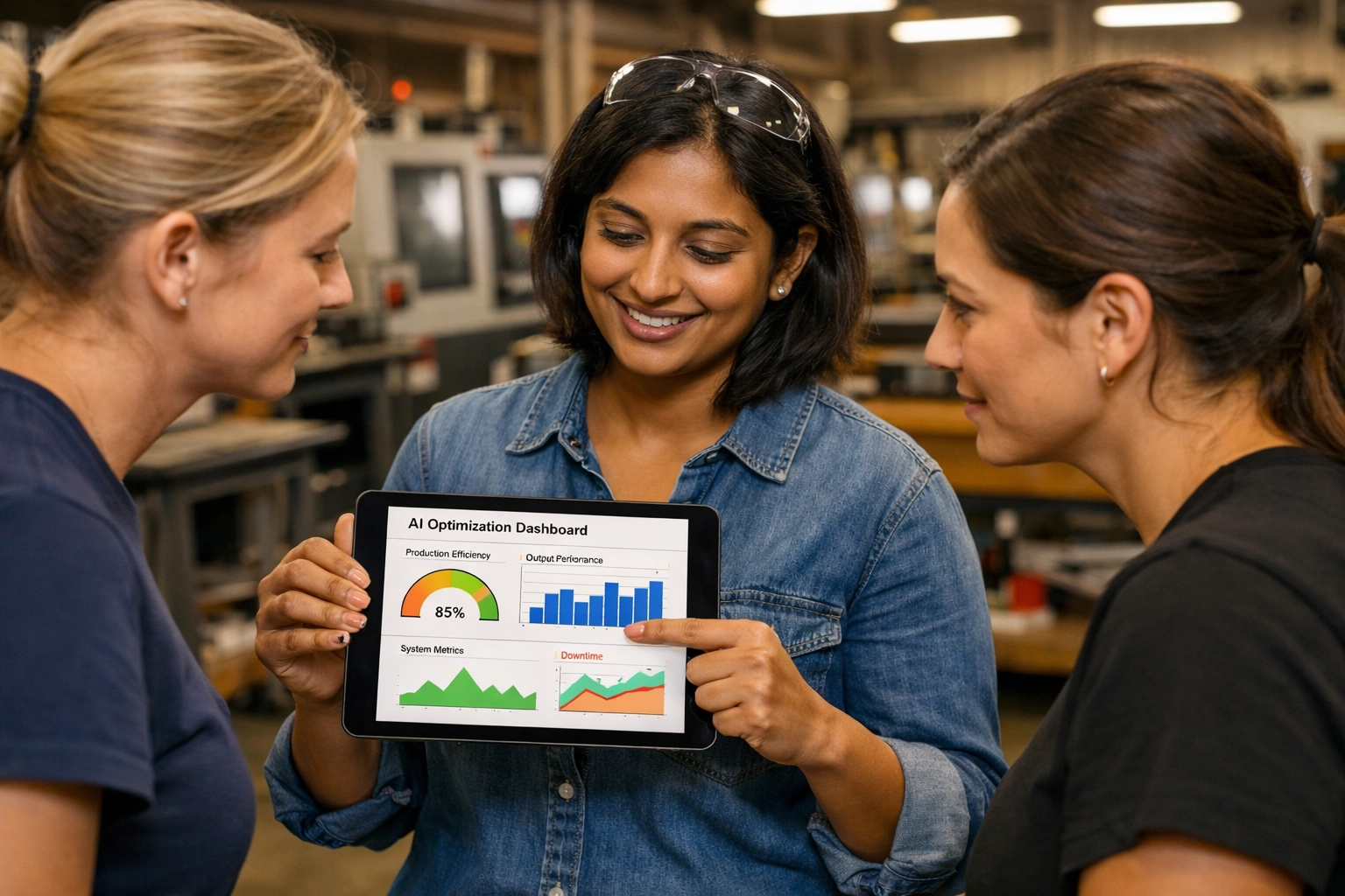 Small business team collaborating on AI analytics to measure and scale ROI results