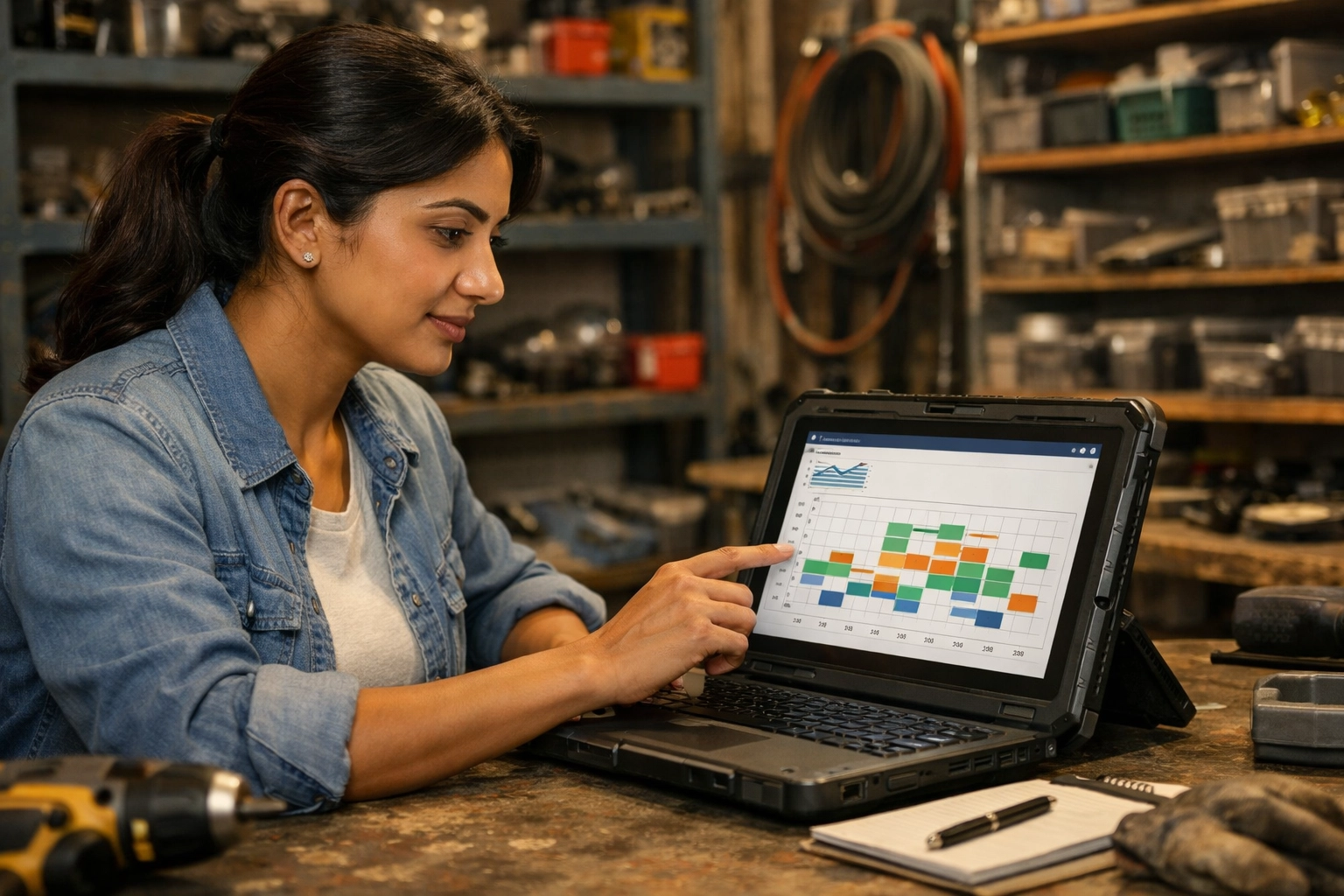 Small business owner reviews AI dashboard showing positive ROI and growth metrics on her laptop