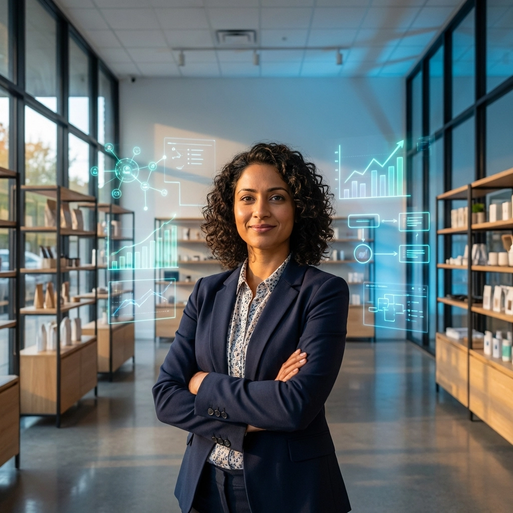 Confident small business owner with digital data visualizations representing AI-powered business growth