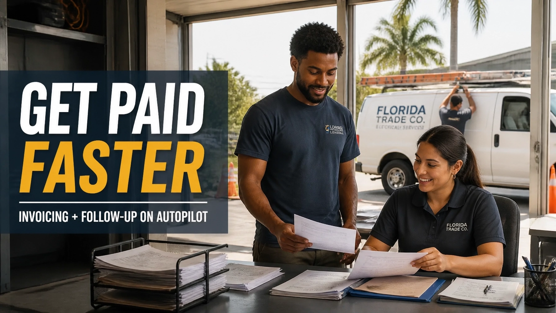 Diverse electrician and office manager reviewing completed paperwork in a Florida trade business office, with text reading Get Paid Faster and Invoicing Follow-Up on Autopilot