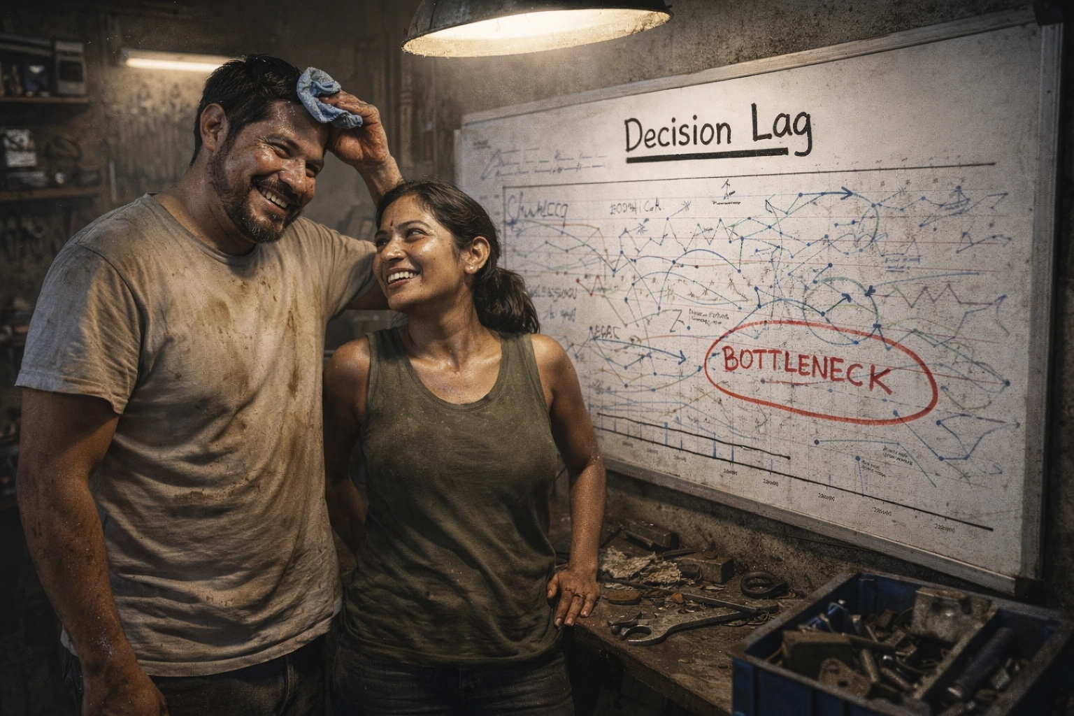 Reality audit relief: Carlos and Priya crack the bottleneck on a messy whiteboard