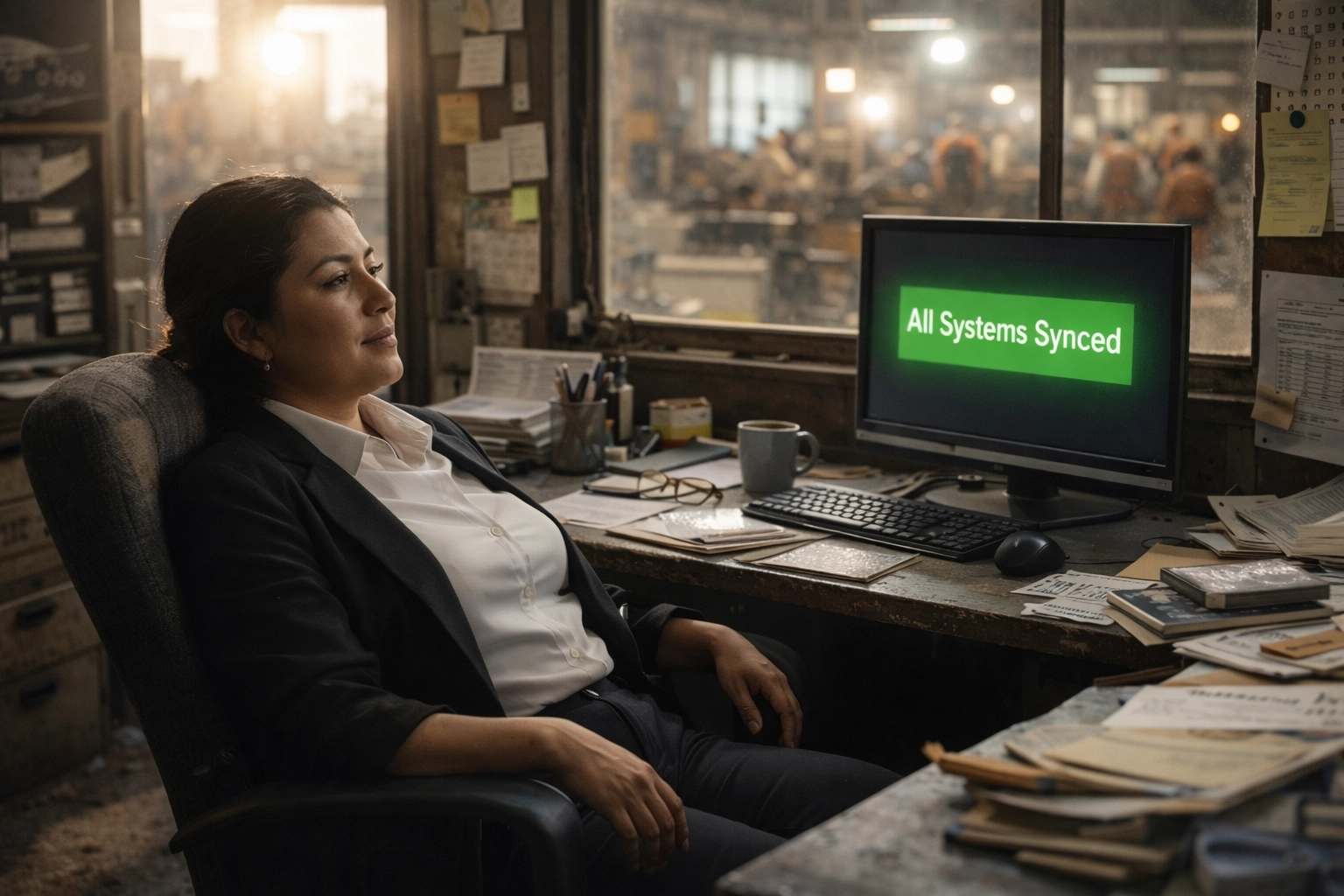 All systems synced: Elena stays calm in the office while the shop stays busy