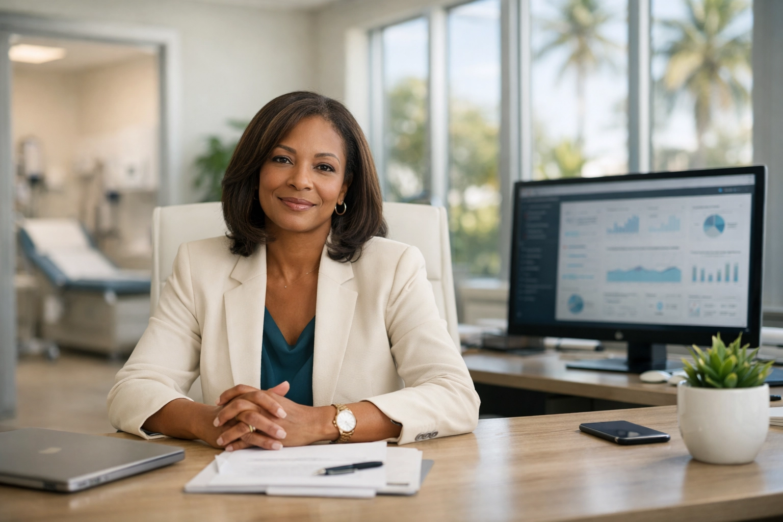 Successful clinic founder in a modern office after reclaiming revenue through automated intake systems.