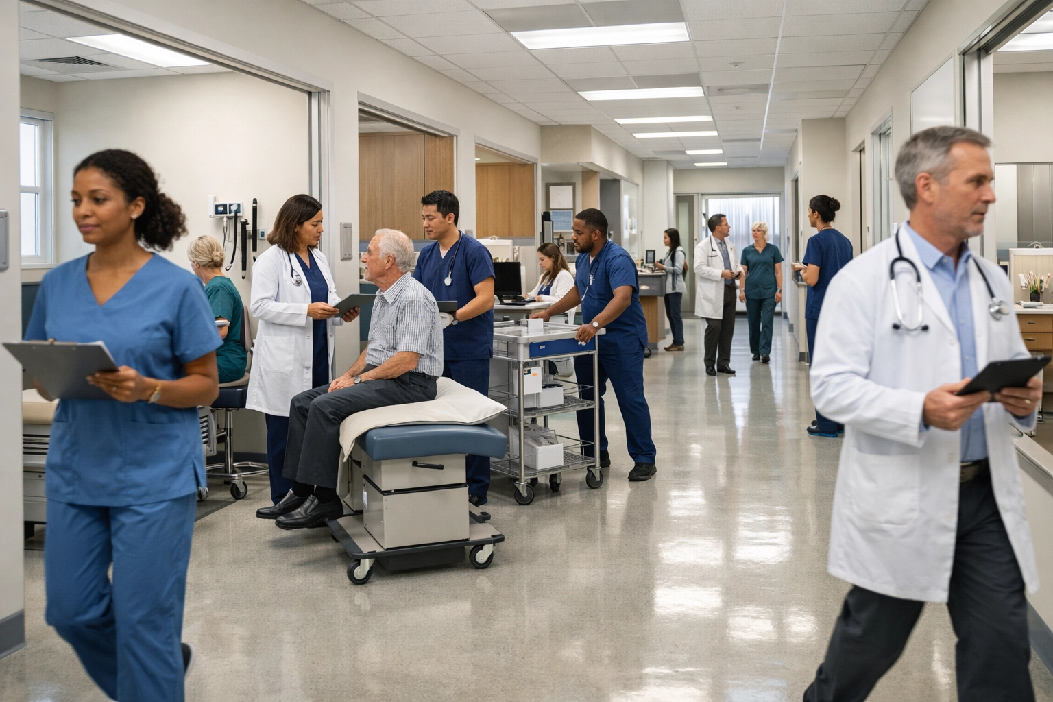 An organized and efficient medical clinic treatment wing showcasing high-capacity operational relief.