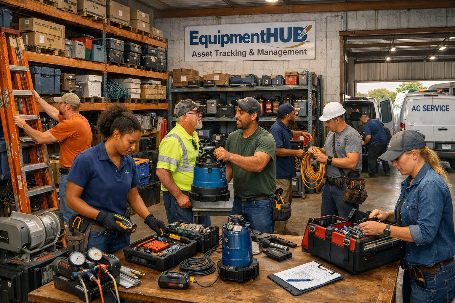 Florida trade crew in a warehouse organizing ladders, pumps, and testing gear, relevant to EquipmentHub asset tracking and tool accountability