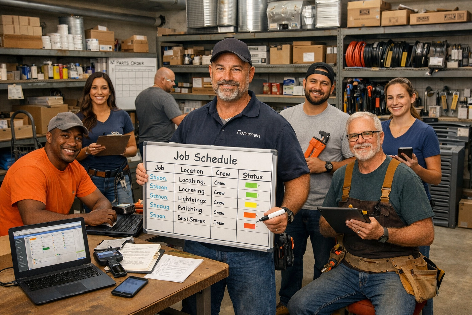 Florida trades team in a shop environment with organized tools and reduced paperwork, relevant to scaling operations with practical digital systems