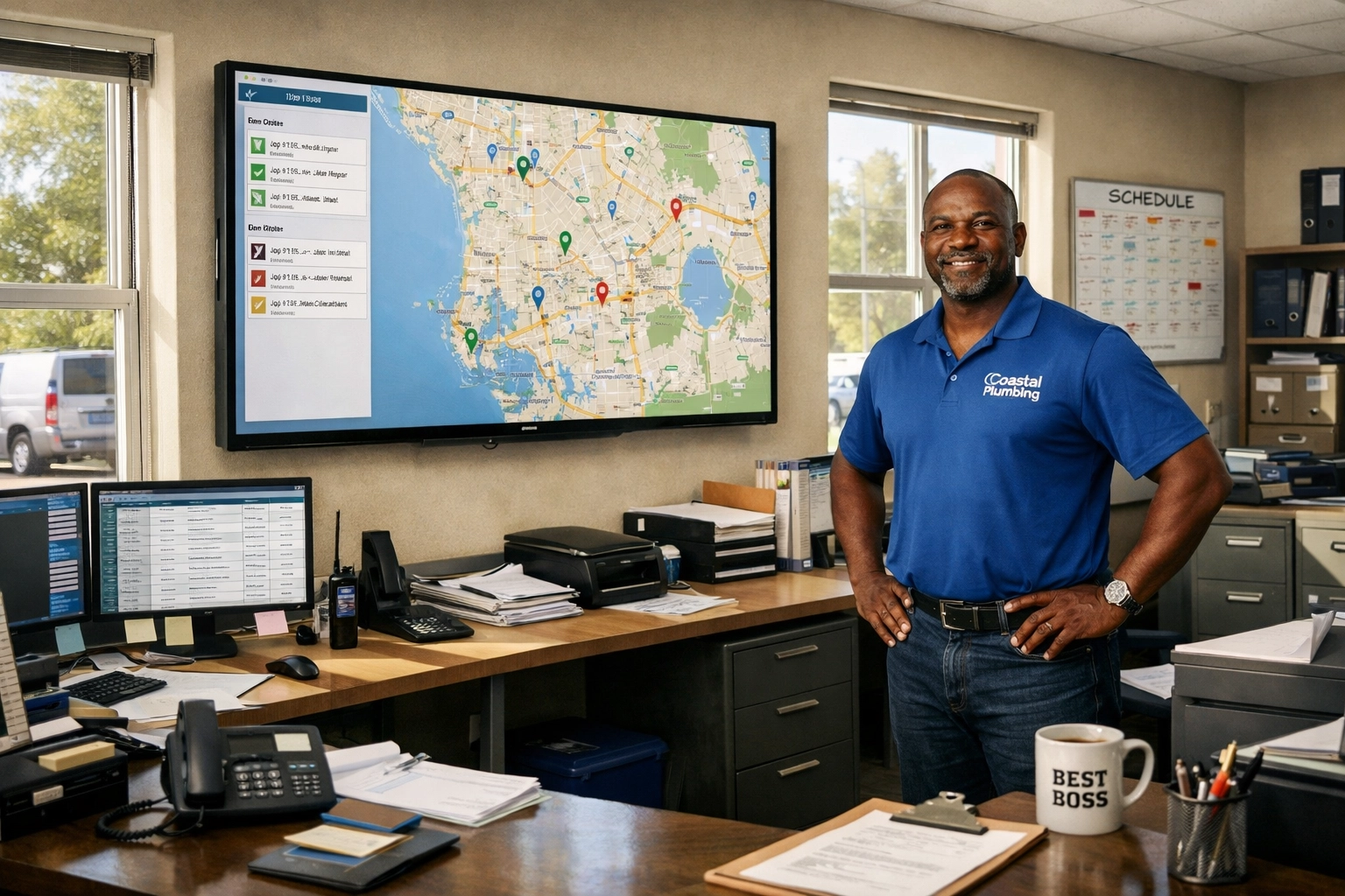 Plumbing service coordinator using automated dispatching map to manage technician schedules in Florida.