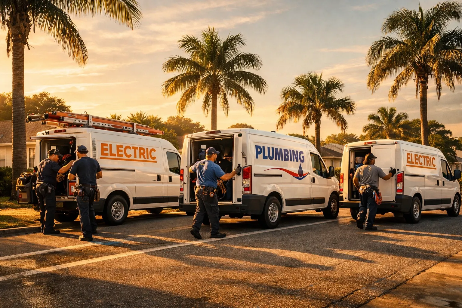 Efficient Florida trade fleet of service trucks and technicians loading gear for scheduled jobs.