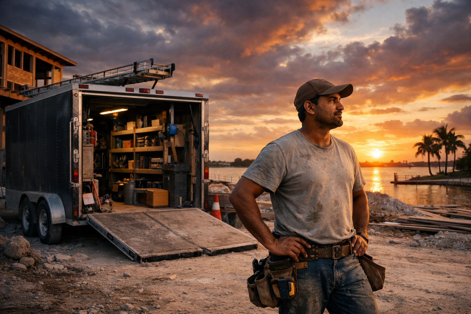 Successful Florida contractor at a job site sunset representing freedom through business automation.