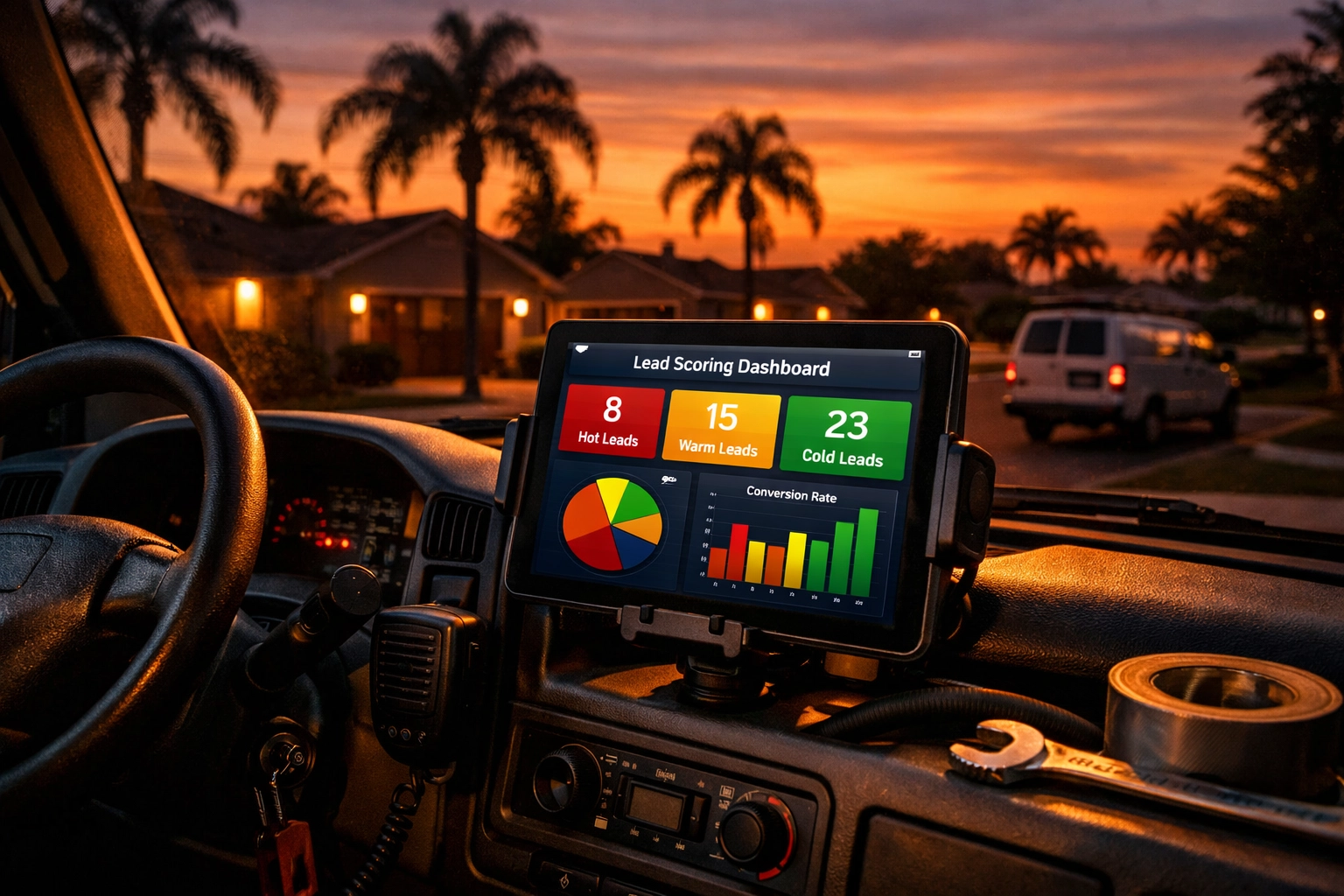 Contractor viewing AI lead scoring dashboard in work truck in Florida neighborhood