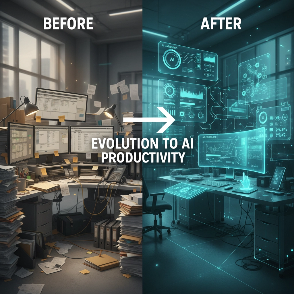 Before and after comparison showing evolution from cluttered manual workflow to streamlined AI-powered productivity