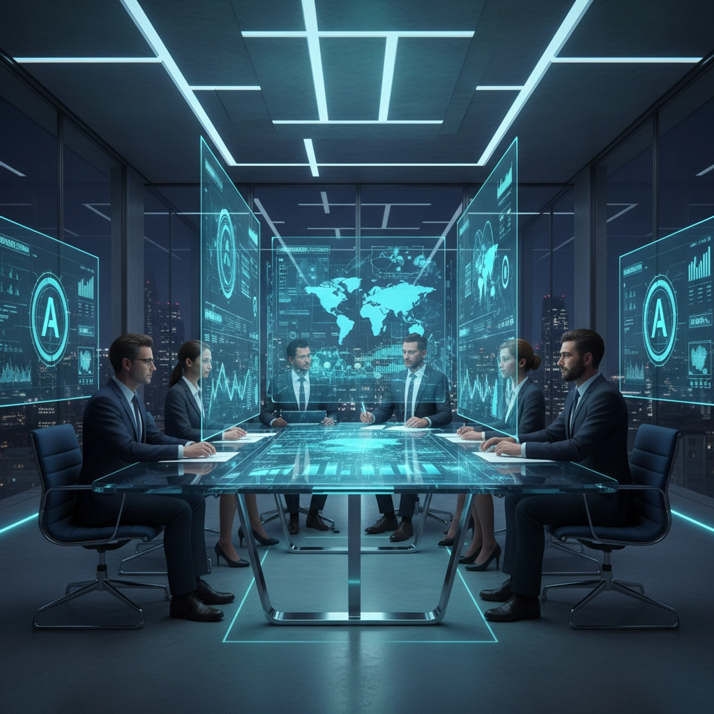 Business executives discussing AI strategy in modern boardroom with holographic analytics displays