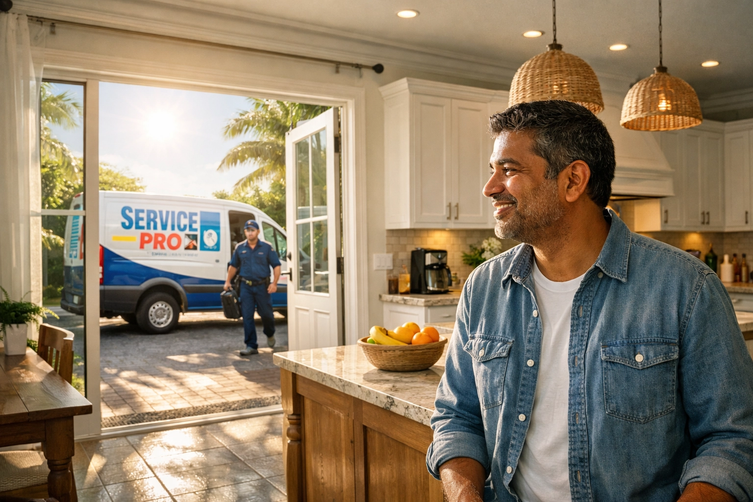 A relieved Florida homeowner watching a professional service van arrive at their home for a repair.