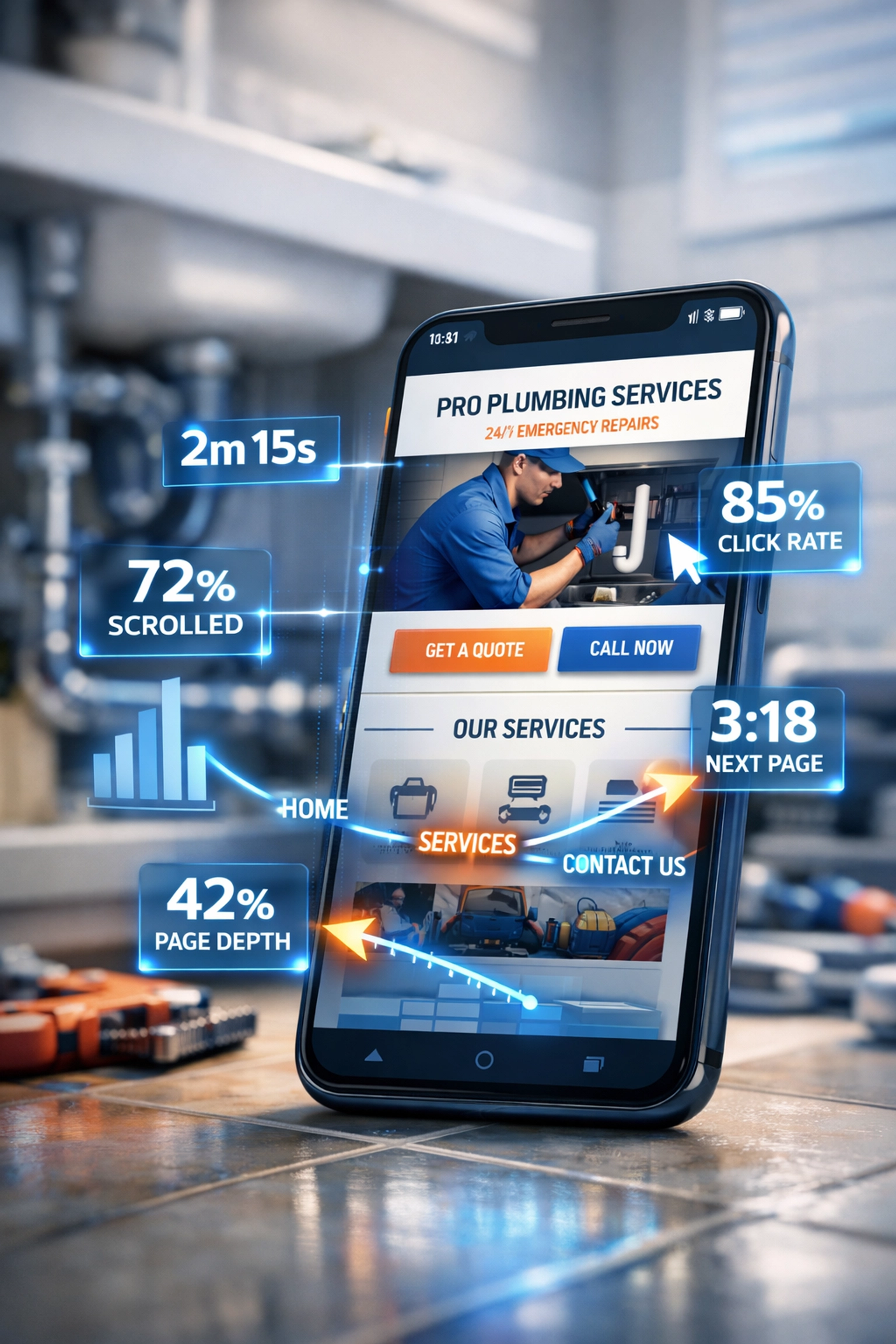 Mobile website displaying user engagement metrics and scroll depth tracking for small business