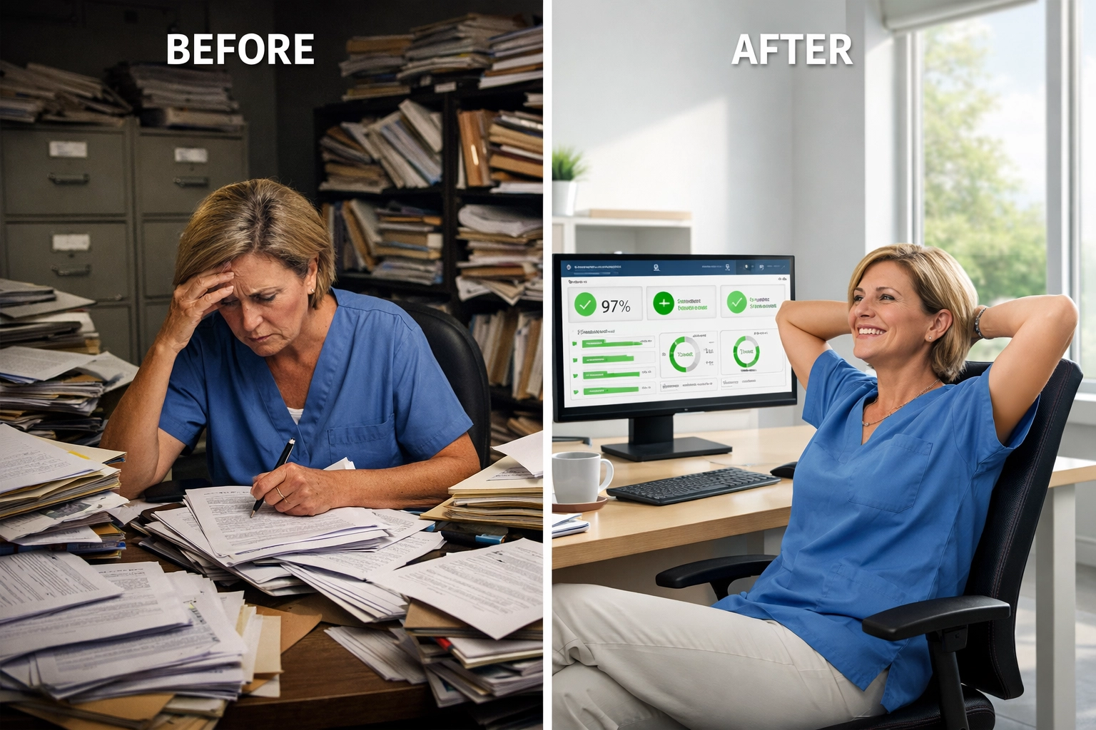 Before and after comparison: manual healthcare compliance workflow versus automated AI monitoring system