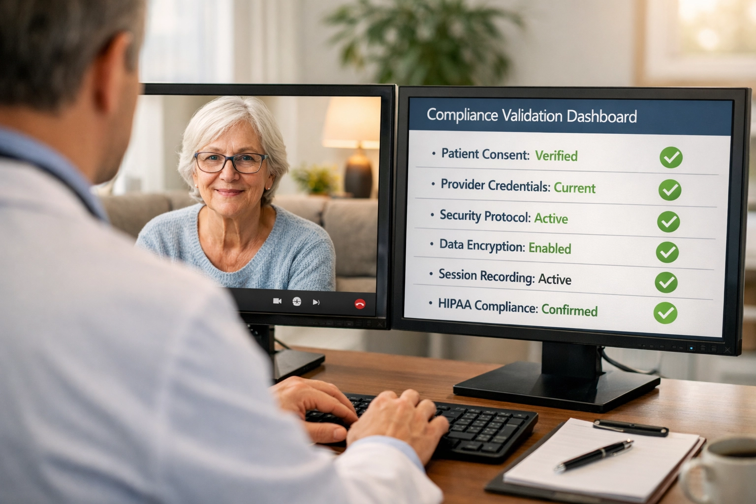 Telehealth consultation with real-time compliance validation dashboard monitoring HIPAA standards