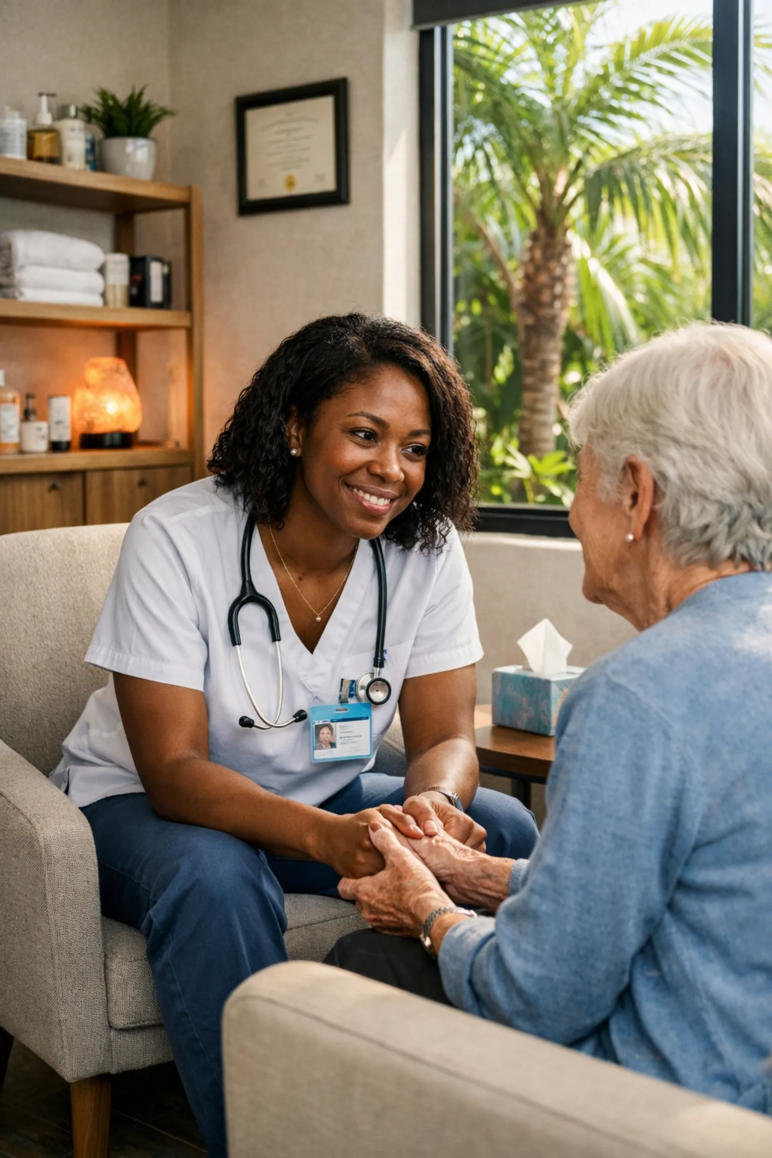 A healthcare practitioner provides empathetic patient care in a modern St. Petersburg wellness clinic