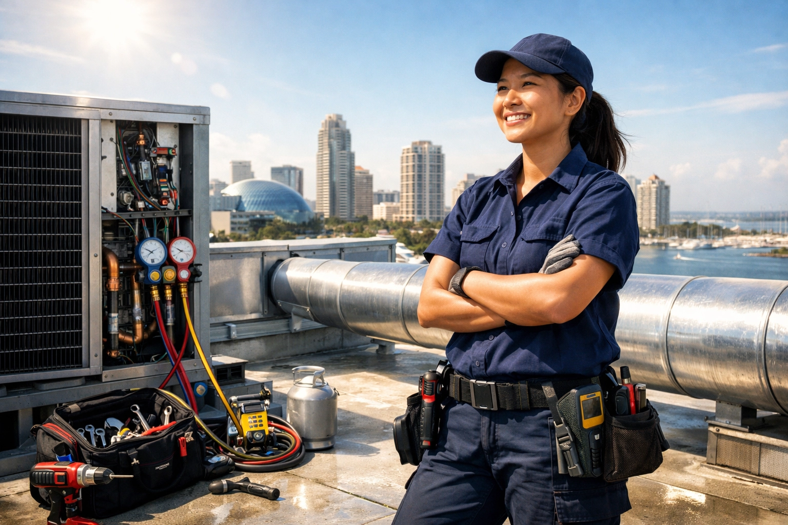 A professional female HVAC technician completing a rooftop unit installation overlooking the St. Pete skyline