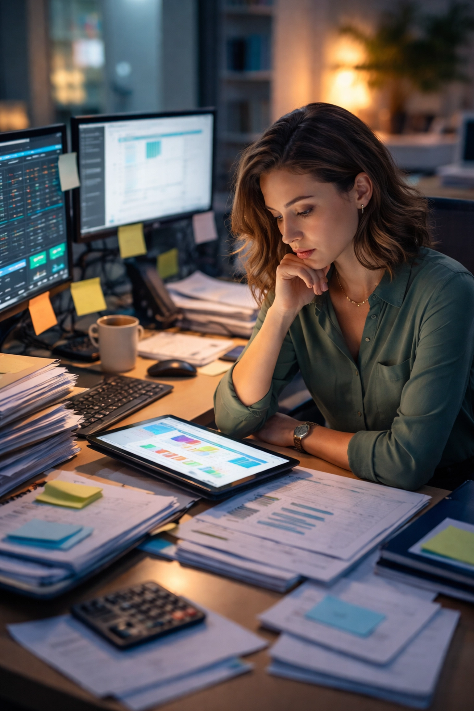 Small business owner at cluttered desk reviewing digital data, illustrating decision fatigue before AI automation