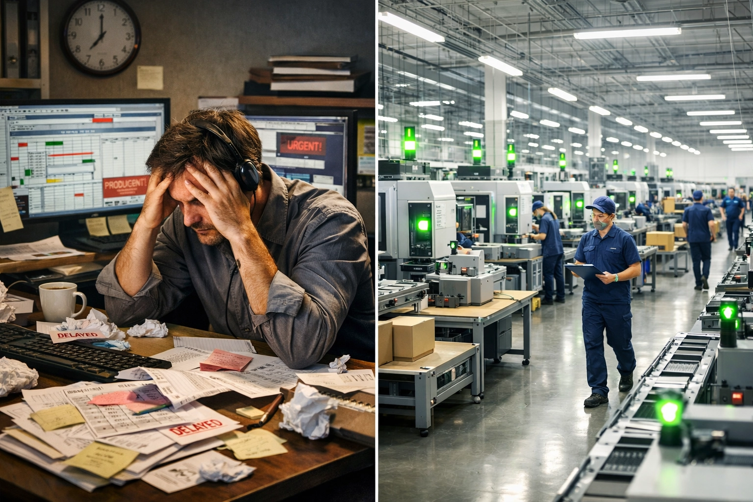 Contrast between manual production scheduling chaos and autonomous AI-optimized factory operations