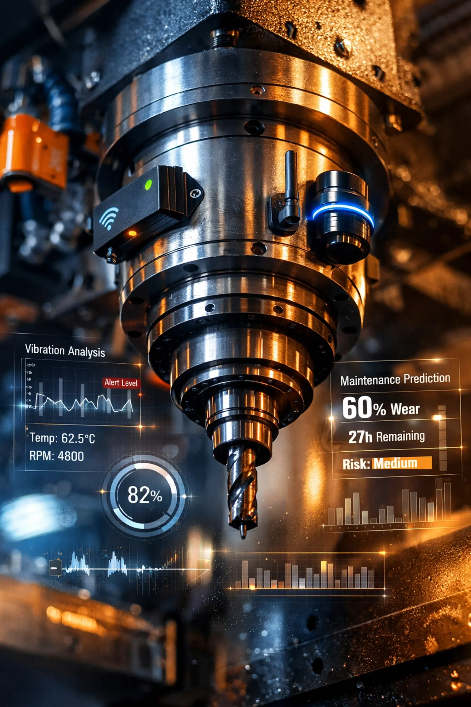 CNC machine equipped with IoT sensors for predictive maintenance monitoring in manufacturing