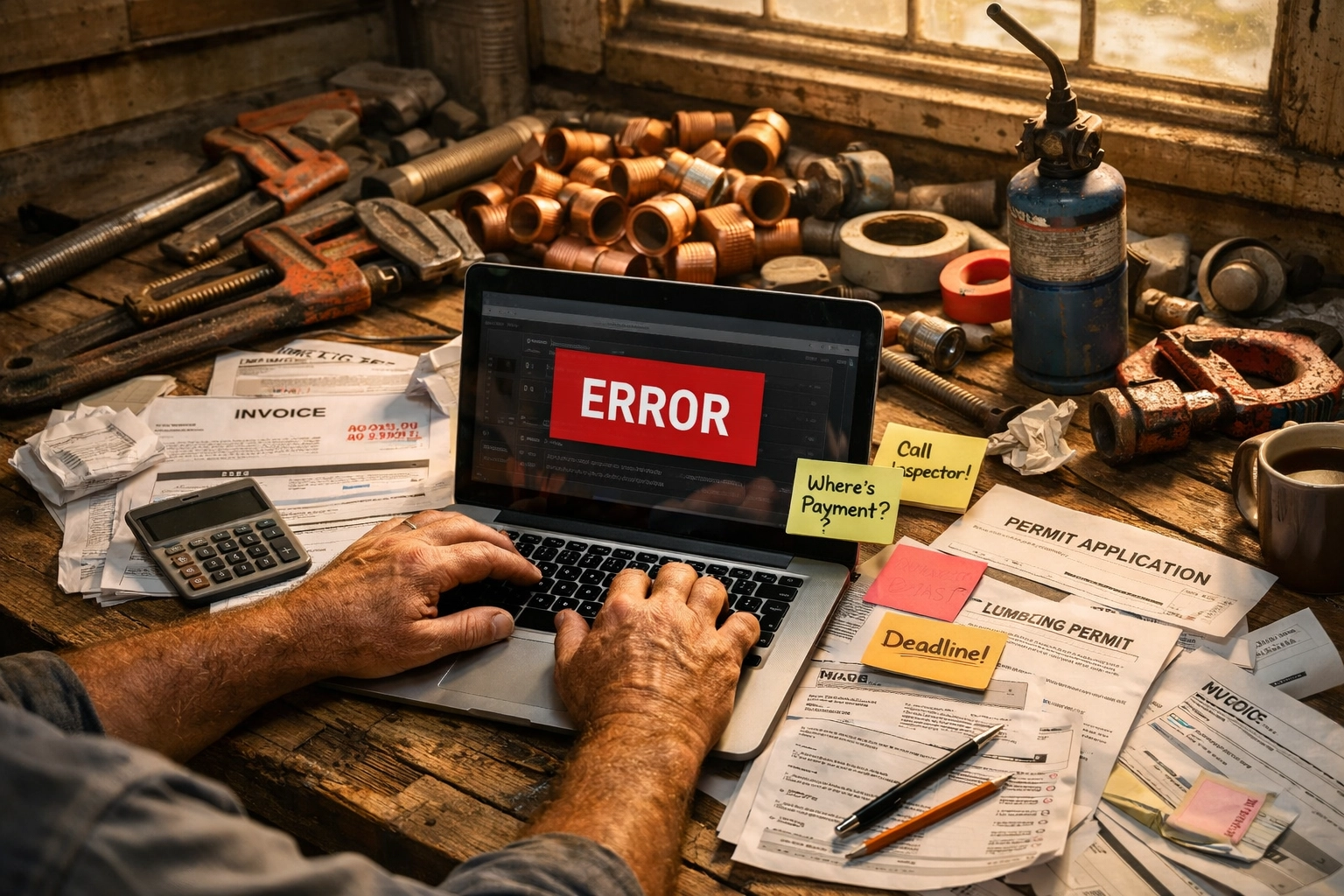 Master plumber doing administrative paperwork at laptop while plumbing tools sit unused on workbench
