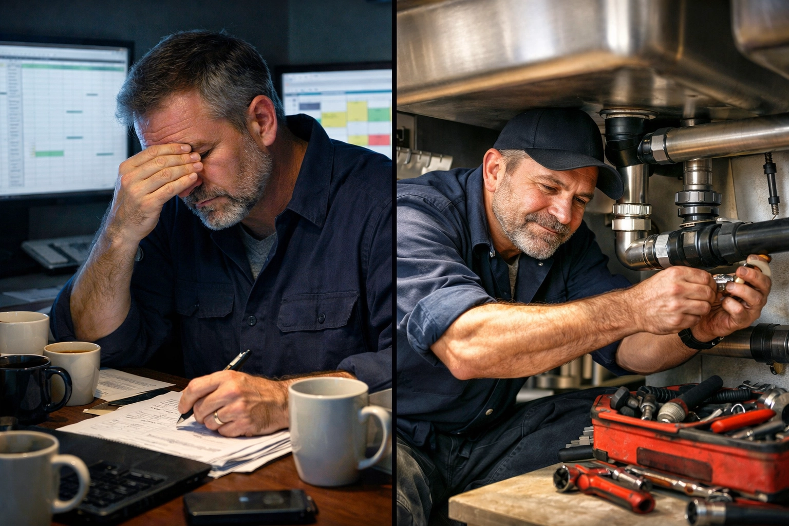 Master plumber exhausted from evening paperwork versus confidently performing skilled plumbing work