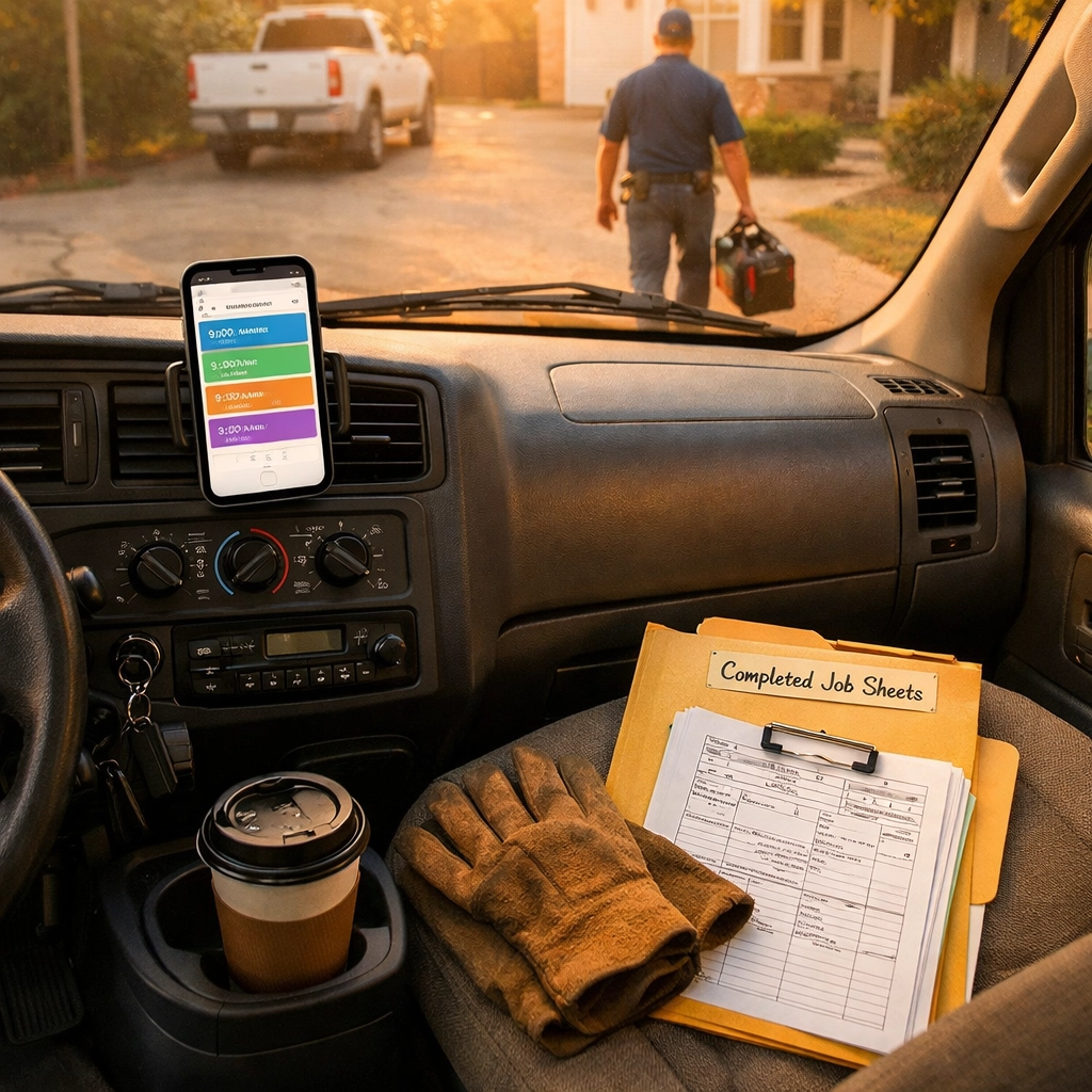 Plumber leaving truck with tools after using AI scheduling app for efficient job management