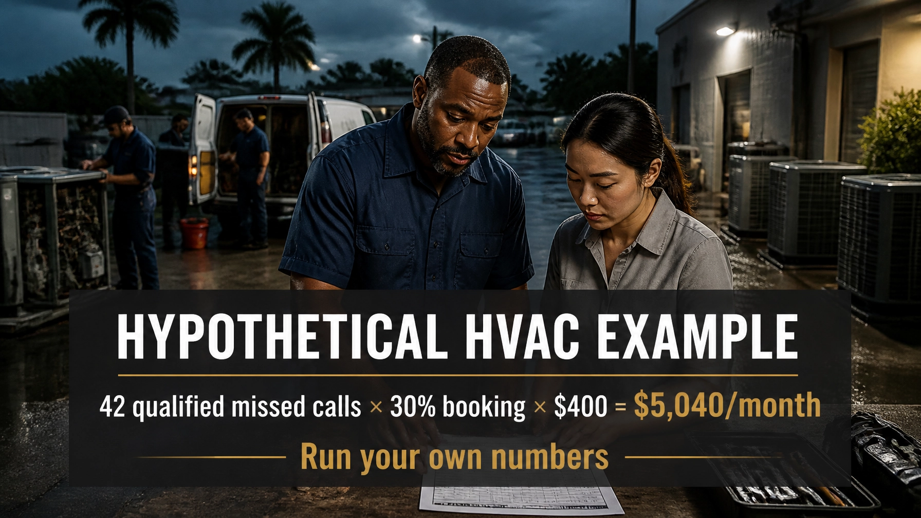 Hypothetical Florida HVAC company reviewing a monthly call log with the overlay 42 qualified missed calls times 30 percent booking times 400 dollars equals 5040 dollars per month. Run your own numbers.