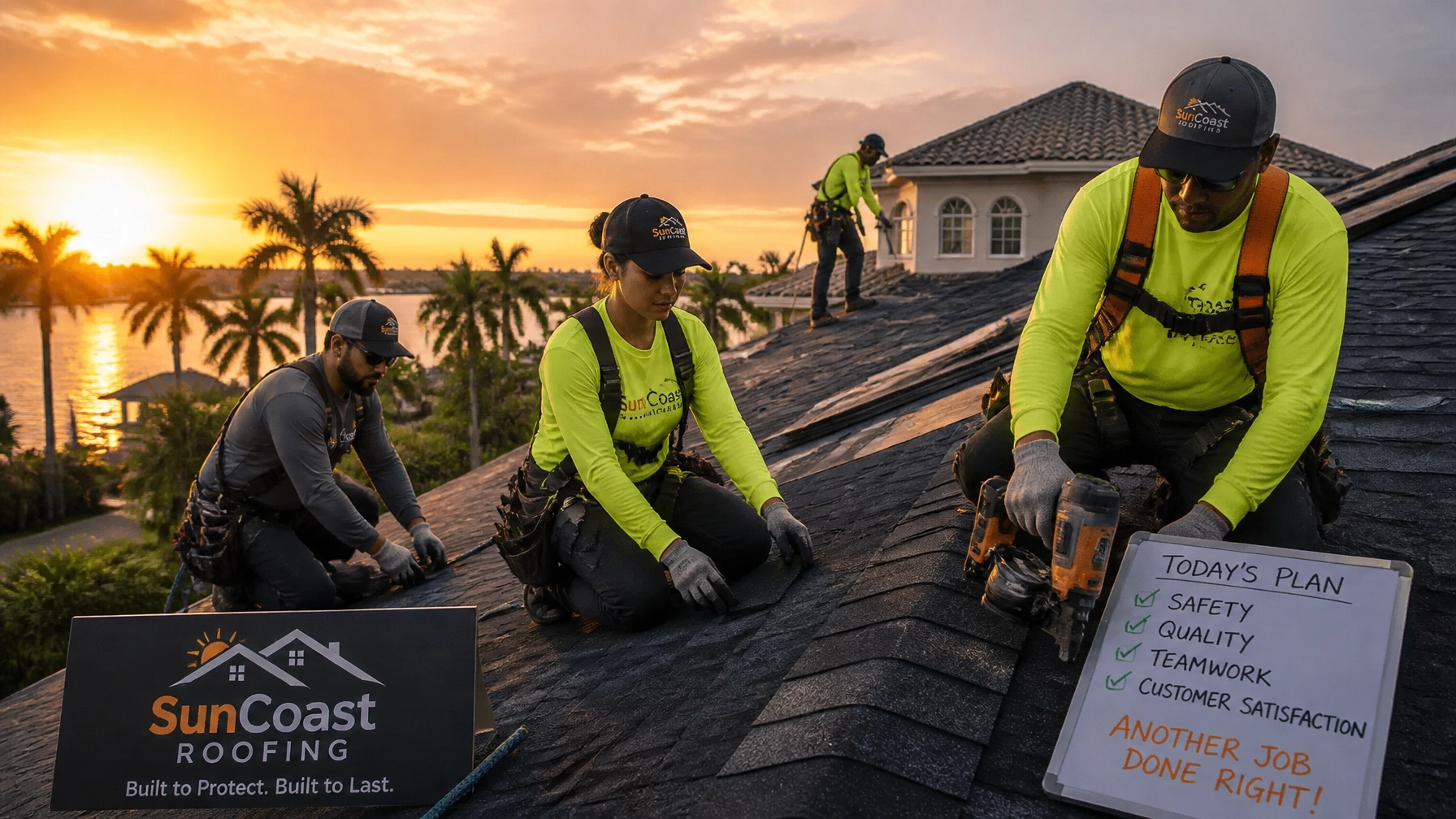 A professional Florida roofing crew working efficiently on a residential roof, representing the result of clear operational systems.