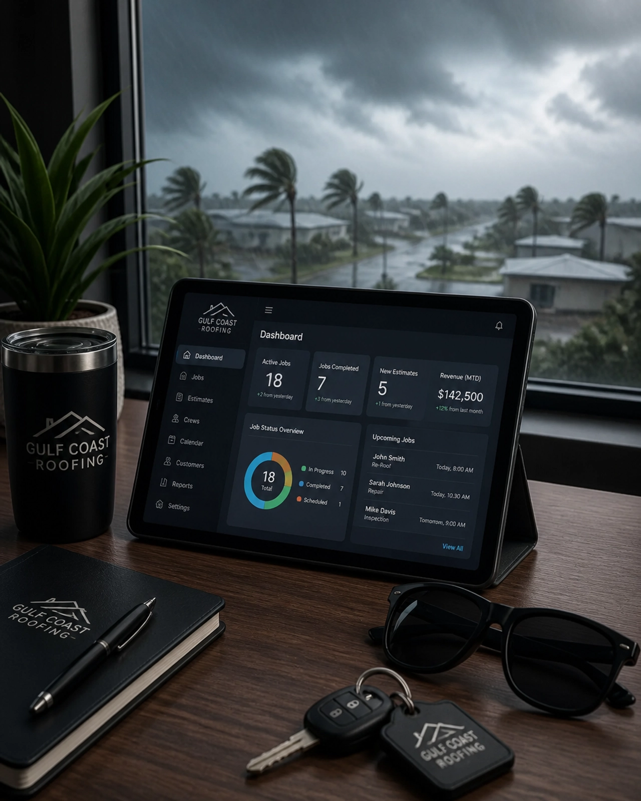 A clean, calm office environment where a Florida roofing owner can focus on strategy rather than answering repeat questions.