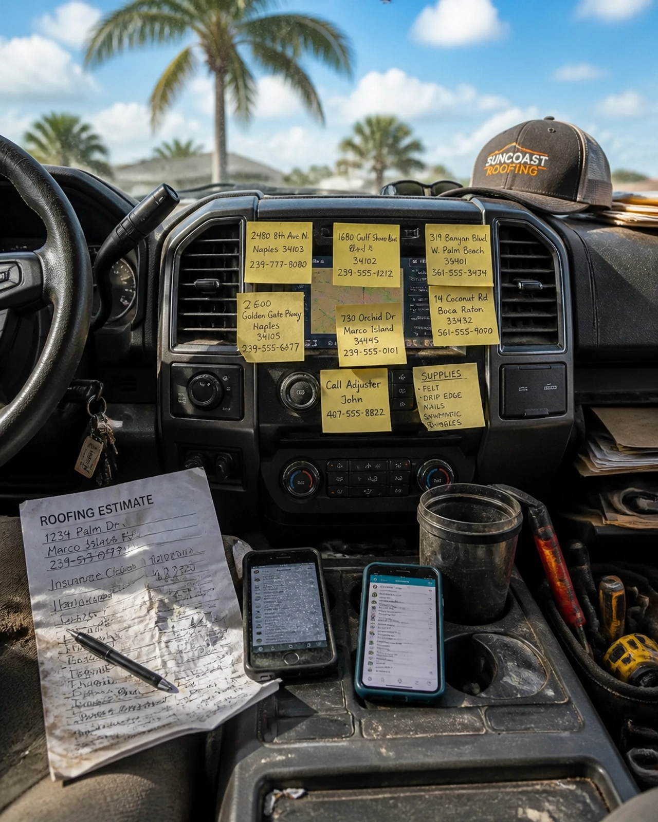 The chaotic interior of a Florida contractor's truck, showing the fragmented information that keeps roofing owners trapped.