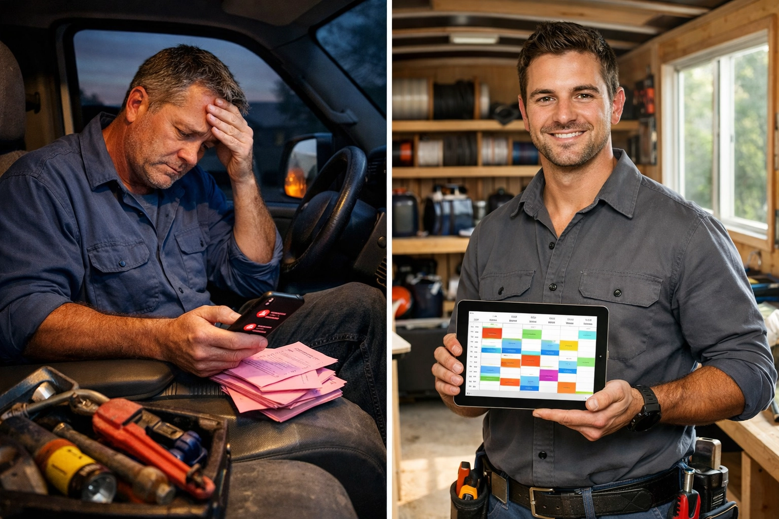 Comparison of traditional contractor with missed calls versus modern electrician using digital scheduling