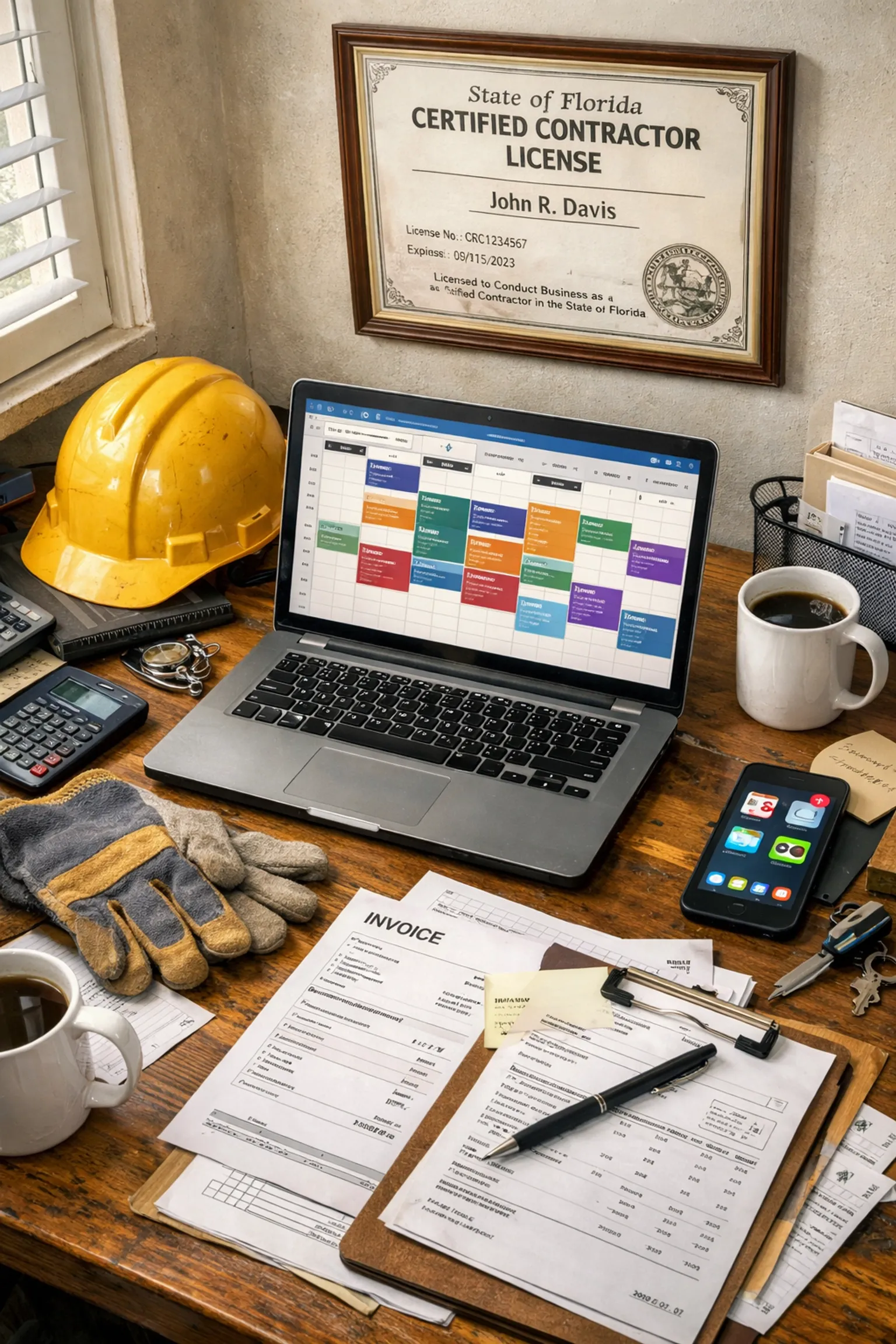 Florida contractor's desk with scheduling software, hard hat, and business tools