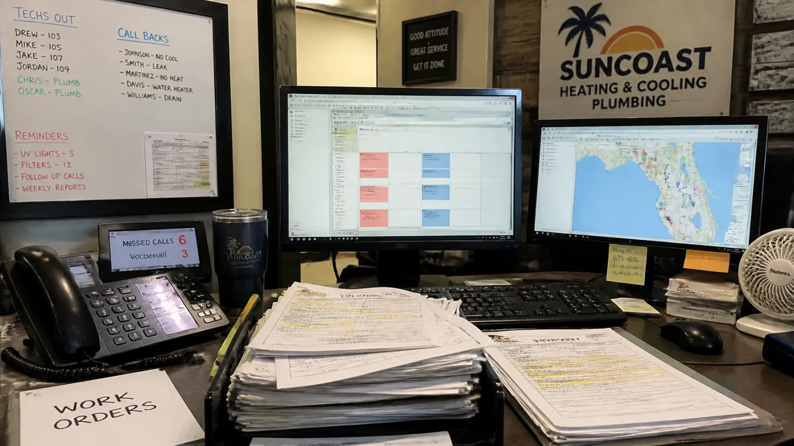 Busy dispatch desk inside a Florida contracting office